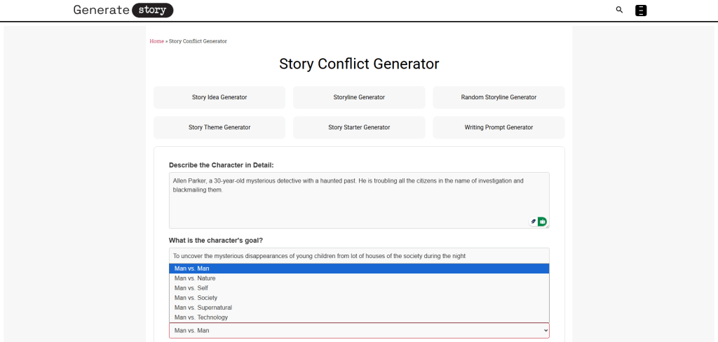 Selecting Conflict Type in Story Conflict Generator
